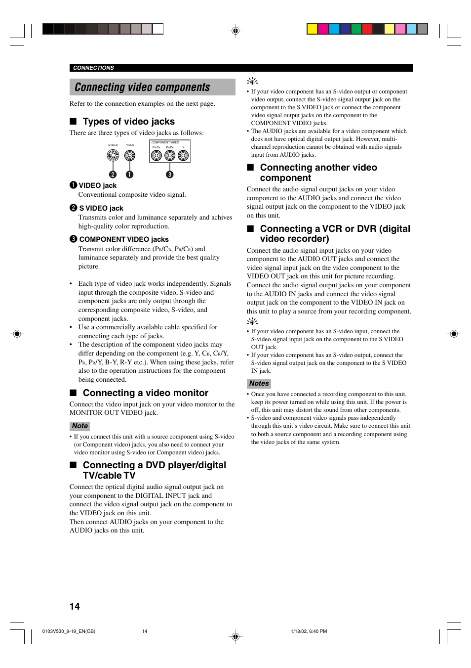 Connecting video components, Types of video jacks, Connecting a video monitor | Connecting a dvd player/digital tv/cable tv, Connecting another video component, Connecting a vcr or dvr (digital video recorder) | Yamaha RX-V530RDS User Manual | Page 16 / 68