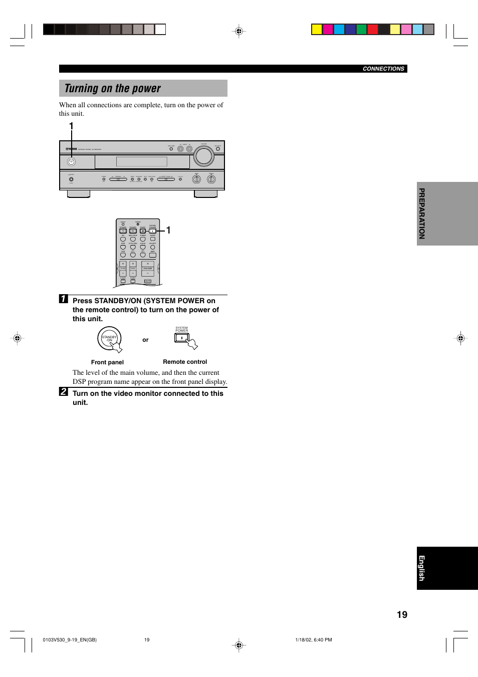 Turning on the power, Turn on the video monitor connected to this unit | Yamaha RX-V530RDS User Manual | Page 21 / 68