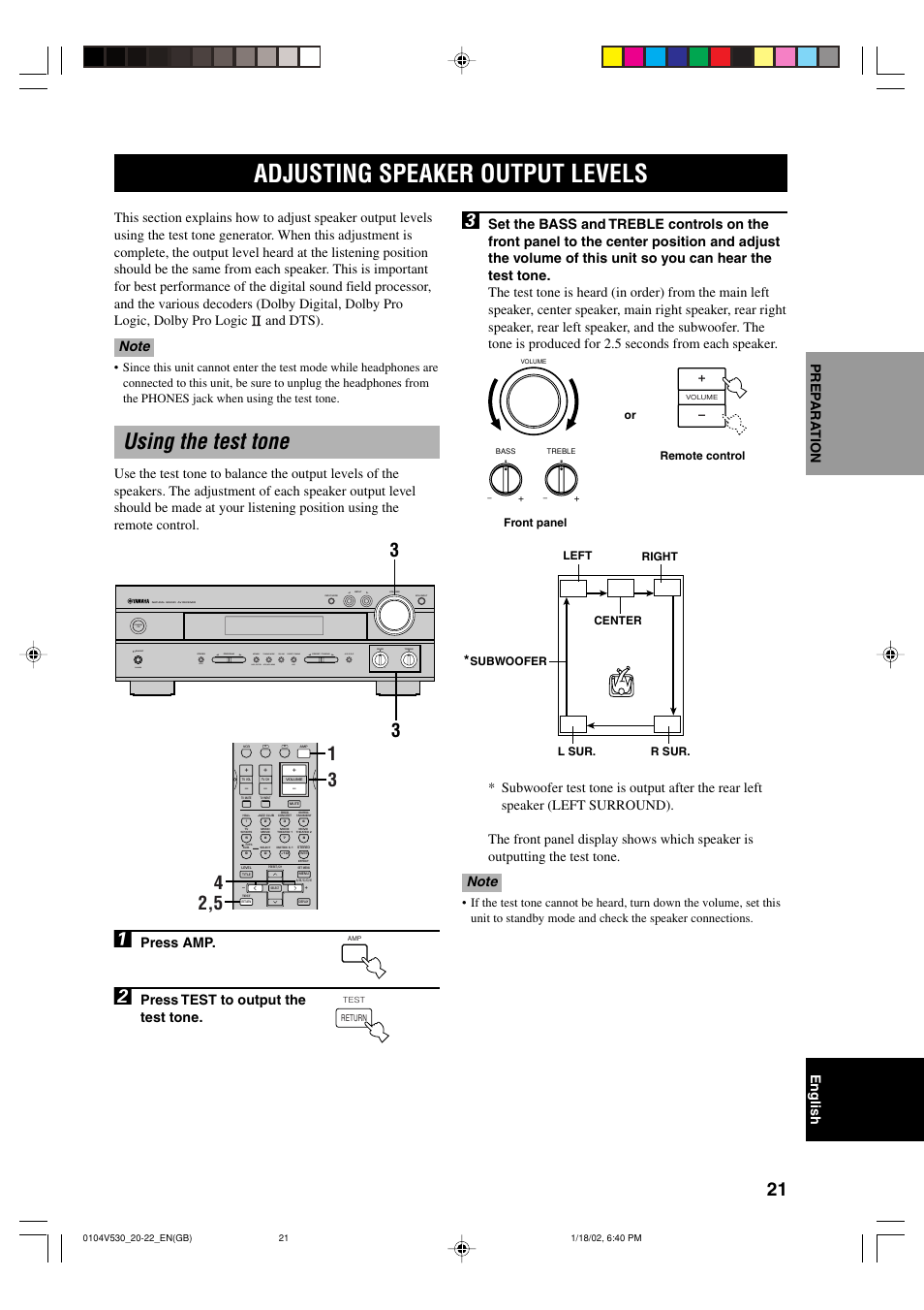 Adjusting speaker output levels, Using the test tone, Press amp | Press test to output the test tone | Yamaha RX-V530RDS User Manual | Page 23 / 68