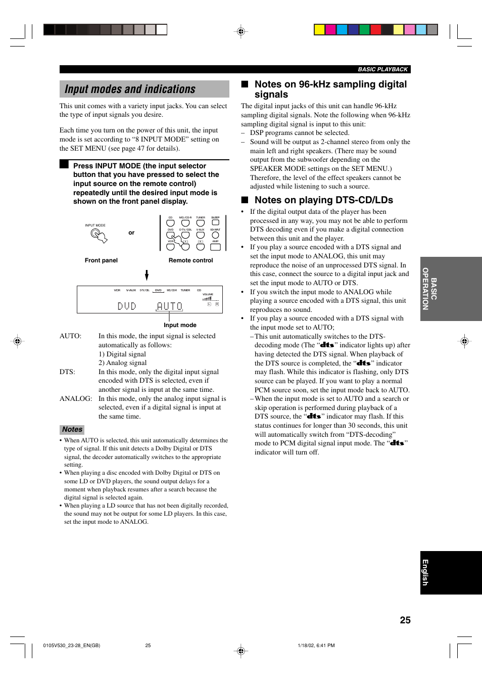 Input modes and indications | Yamaha RX-V530RDS User Manual | Page 27 / 68