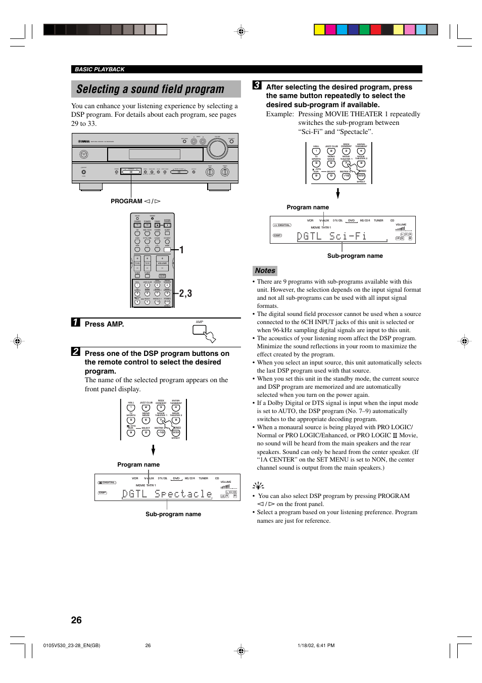 Selecting a sound field program, Press amp, Program l / h | Sub-program name program name, Program name sub-program name, Basic playback | Yamaha RX-V530RDS User Manual | Page 28 / 68