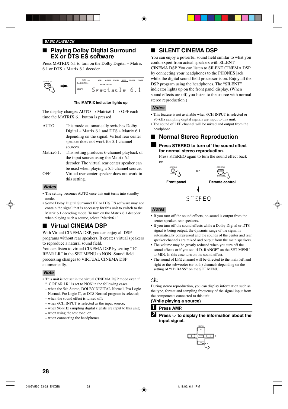 Virtual cinema dsp, Silent cinema dsp, Normal stereo reproduction | Yamaha RX-V530RDS User Manual | Page 30 / 68