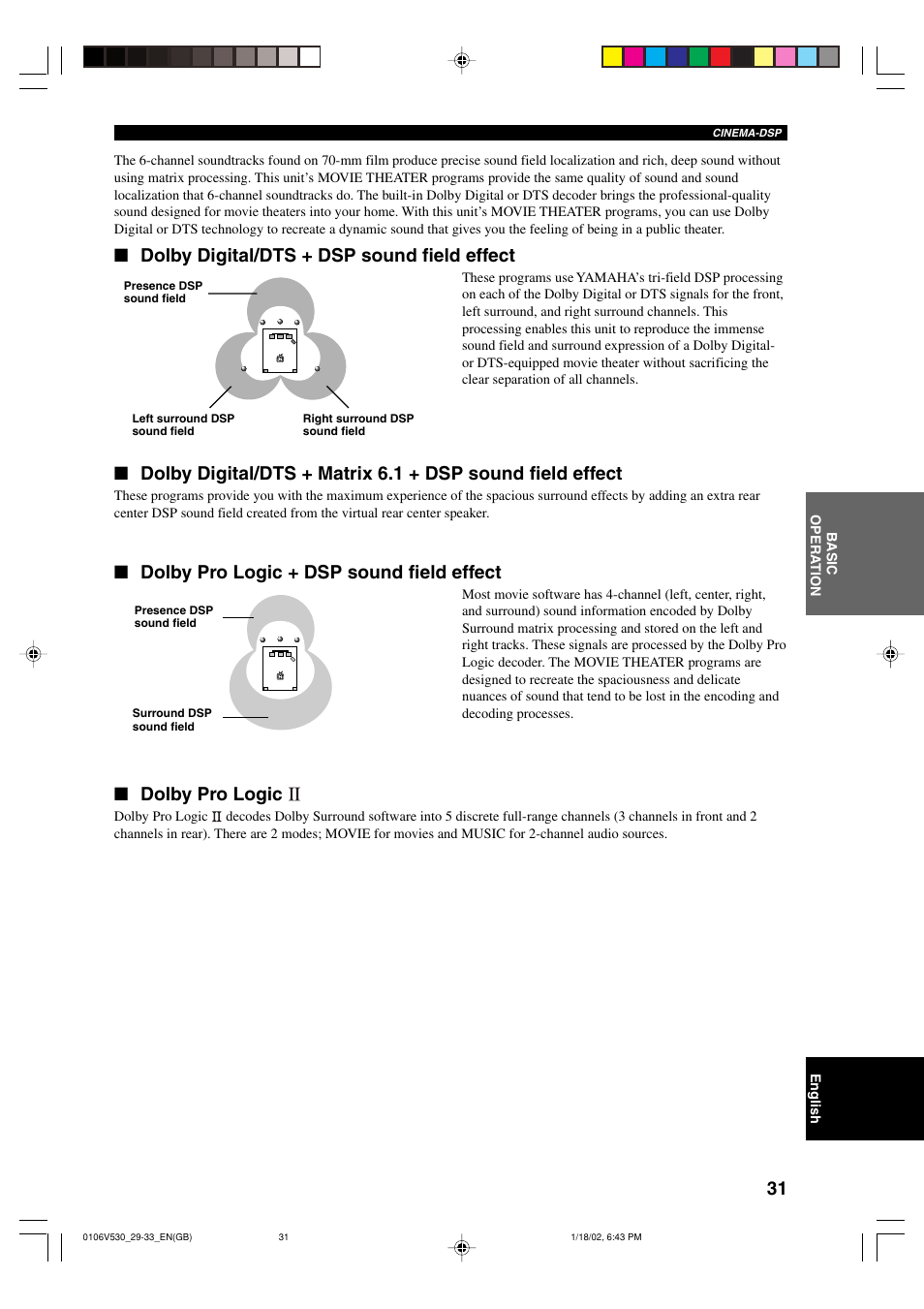 Dolby digital/dts + dsp sound field effect, Dolby pro logic + dsp sound field effect, Dolby pro logic | Yamaha RX-V530RDS User Manual | Page 33 / 68