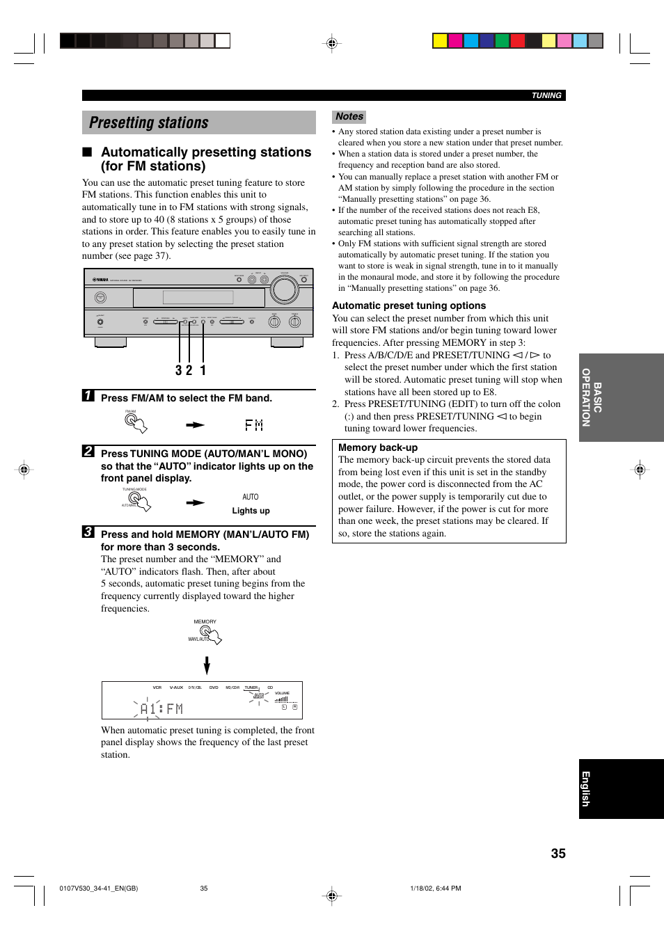 Presetting stations, A 1 : f m | Yamaha RX-V530RDS User Manual | Page 37 / 68