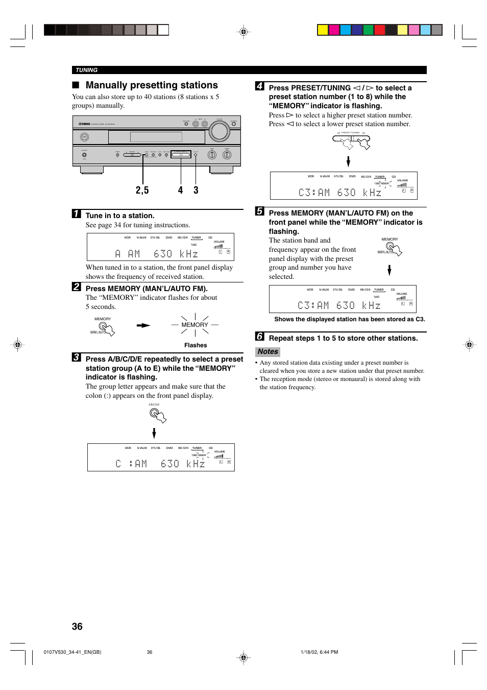 Manually presetting stations, C : a m 6 3 o k h z, A a m 6 3 o k h z | C 3 : a m 6 3 o k h z | Yamaha RX-V530RDS User Manual | Page 38 / 68