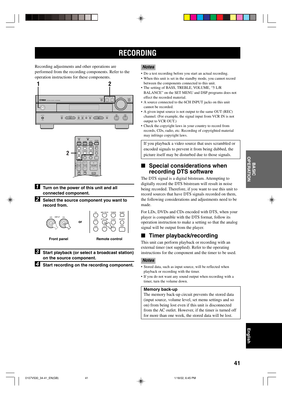 Recording, Special considerations when recording dts software, Timer playback/recording | Start recording on the recording component | Yamaha RX-V530RDS User Manual | Page 43 / 68