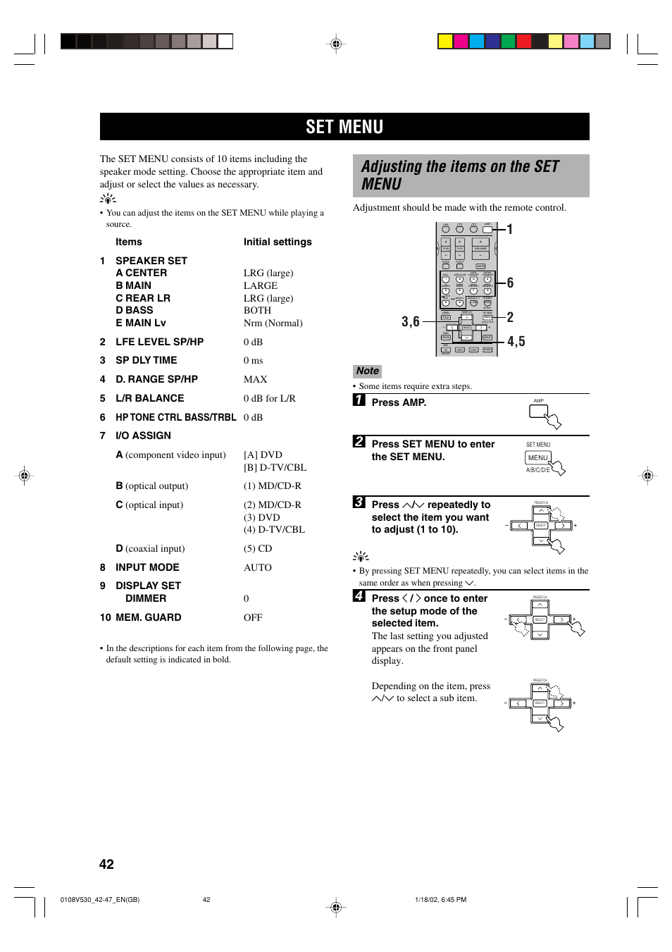 Advanced operation, Set menu, Adjusting the items on the set menu | Press amp, Press set menu to enter the set menu | Yamaha RX-V530RDS User Manual | Page 44 / 68