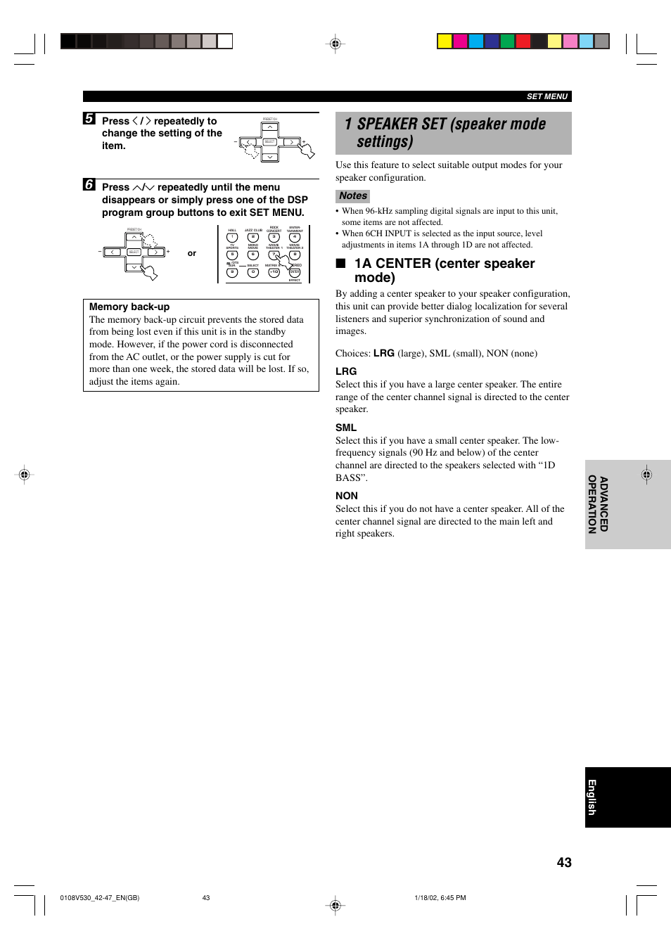 1 speaker set (speaker mode settings), 1a center (center speaker mode) | Yamaha RX-V530RDS User Manual | Page 45 / 68