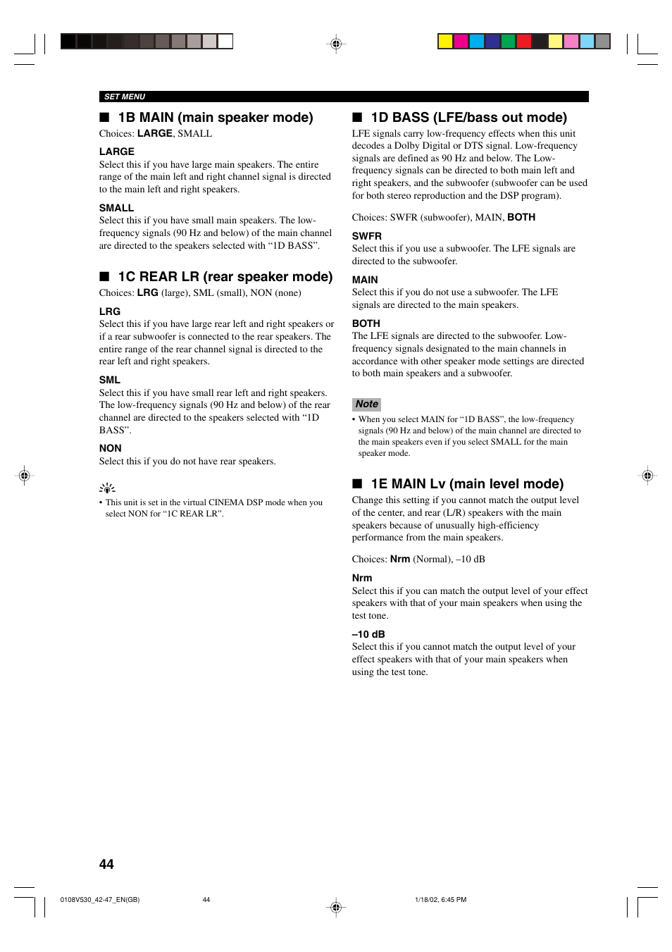 1b main (main speaker mode), 1c rear lr (rear speaker mode), 1d bass (lfe/bass out mode) | 1e main lv (main level mode) | Yamaha RX-V530RDS User Manual | Page 46 / 68