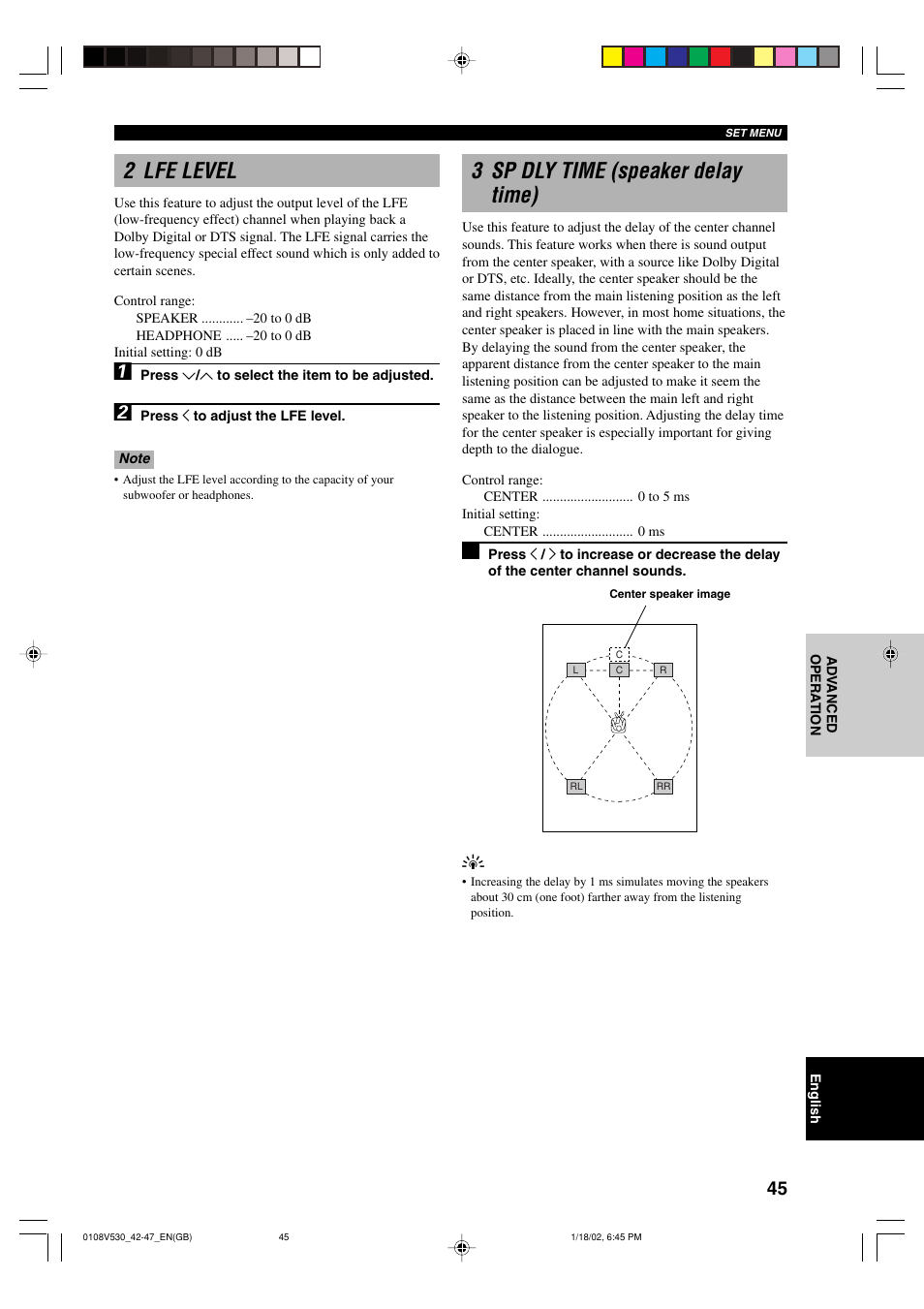 2 lfe level, 3 sp dly time (speaker delay time) | Yamaha RX-V530RDS User Manual | Page 47 / 68