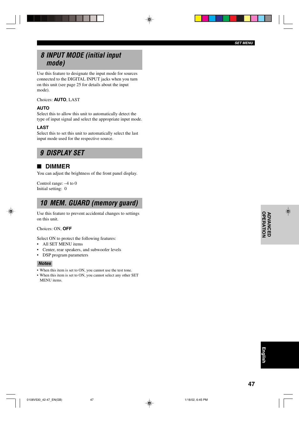 8 input mode (initial input mode), 9 display set, 10 mem. guard (memory guard) | Dimmer | Yamaha RX-V530RDS User Manual | Page 49 / 68