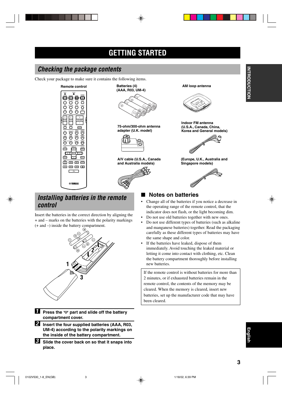 Getting started, Checking the package contents, Installing batteries in the remote control | Yamaha RX-V530RDS User Manual | Page 5 / 68