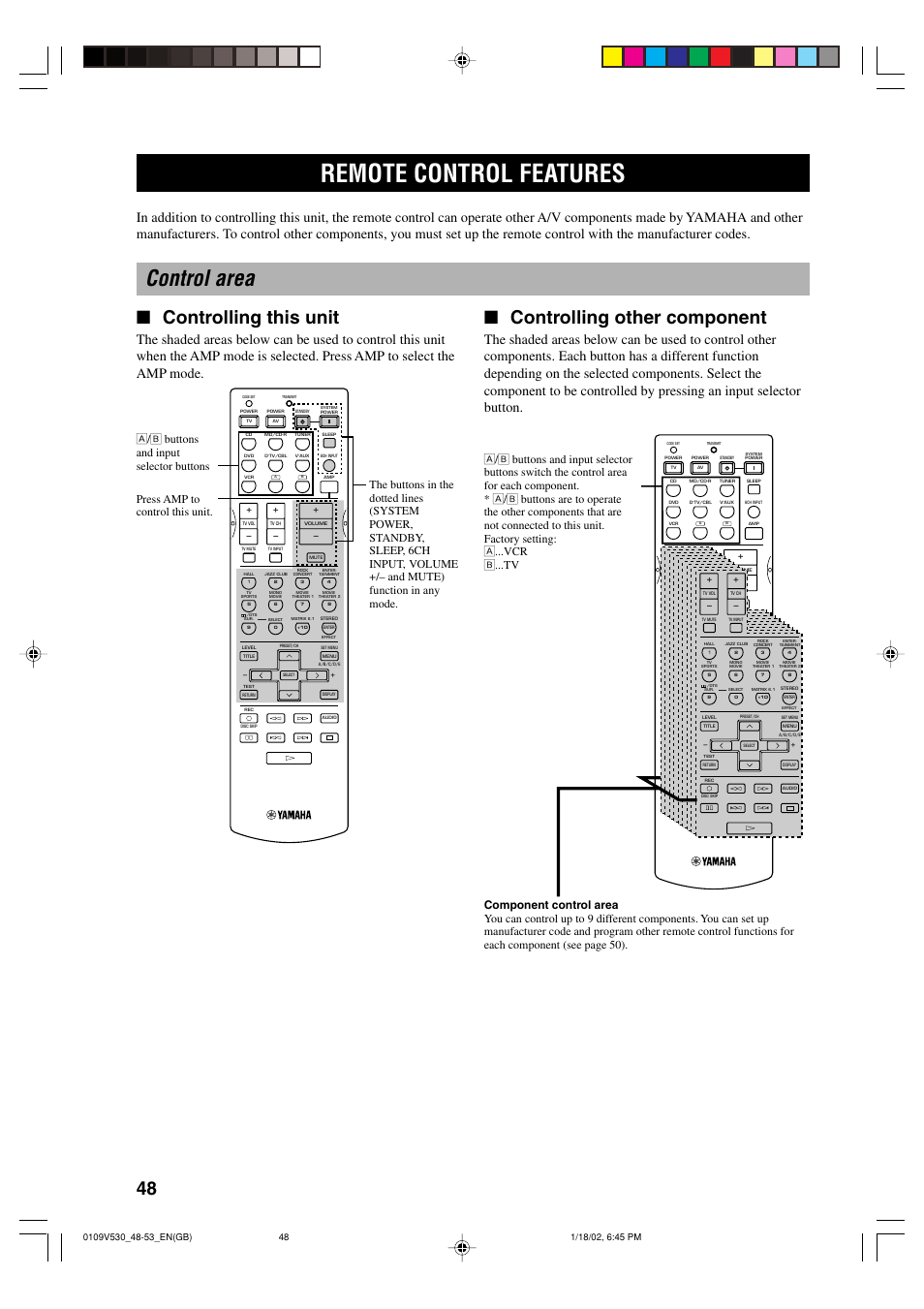 Remote control features, Control area, Controlling this unit | Controlling other component, Press amp to control this unit | Yamaha RX-V530RDS User Manual | Page 50 / 68