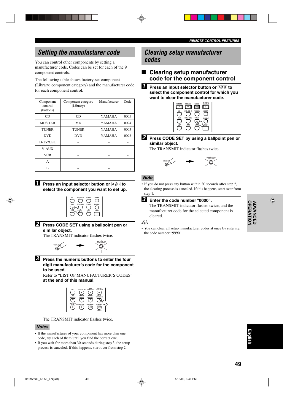 Setting the manufacturer code, Clearing setup manufacturer codes | Yamaha RX-V530RDS User Manual | Page 51 / 68