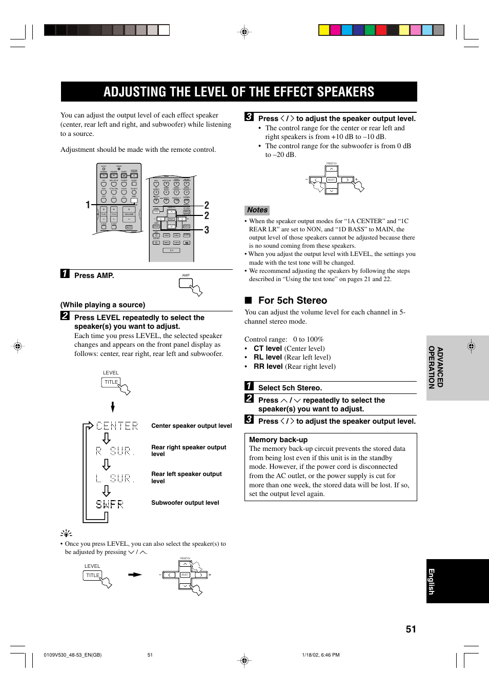 Adjusting the level of the effect speakers, For 5ch stereo, Press amp. (while playing a source) | Select 5ch stereo | Yamaha RX-V530RDS User Manual | Page 53 / 68