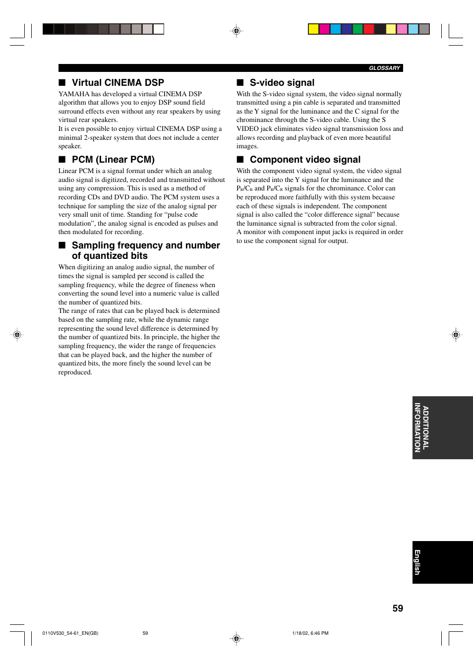 Virtual cinema dsp, Pcm (linear pcm), Sampling frequency and number of quantized bits | S-video signal, Component video signal | Yamaha RX-V530RDS User Manual | Page 61 / 68