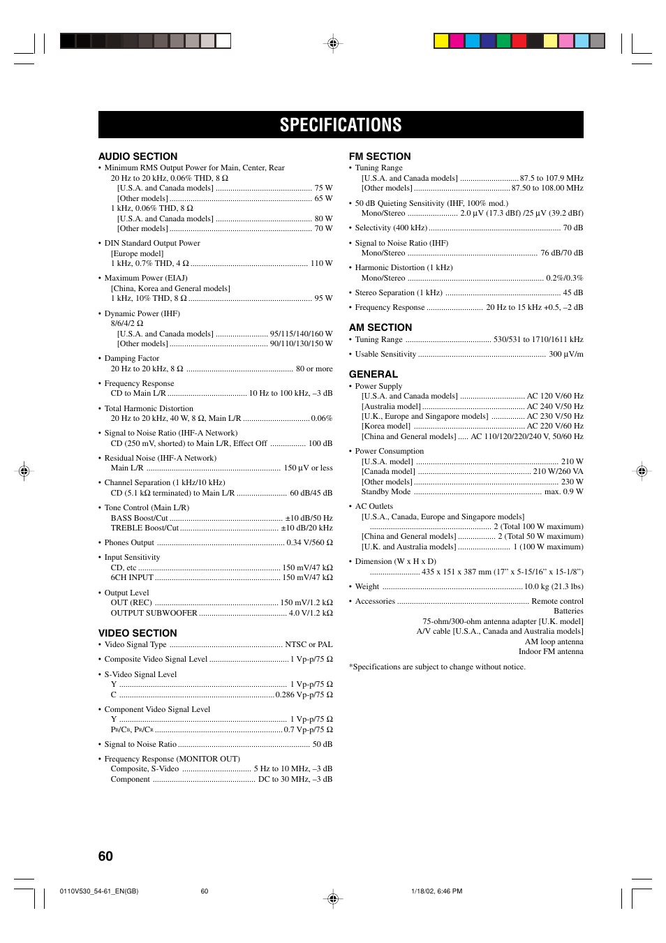 Specifications | Yamaha RX-V530RDS User Manual | Page 62 / 68