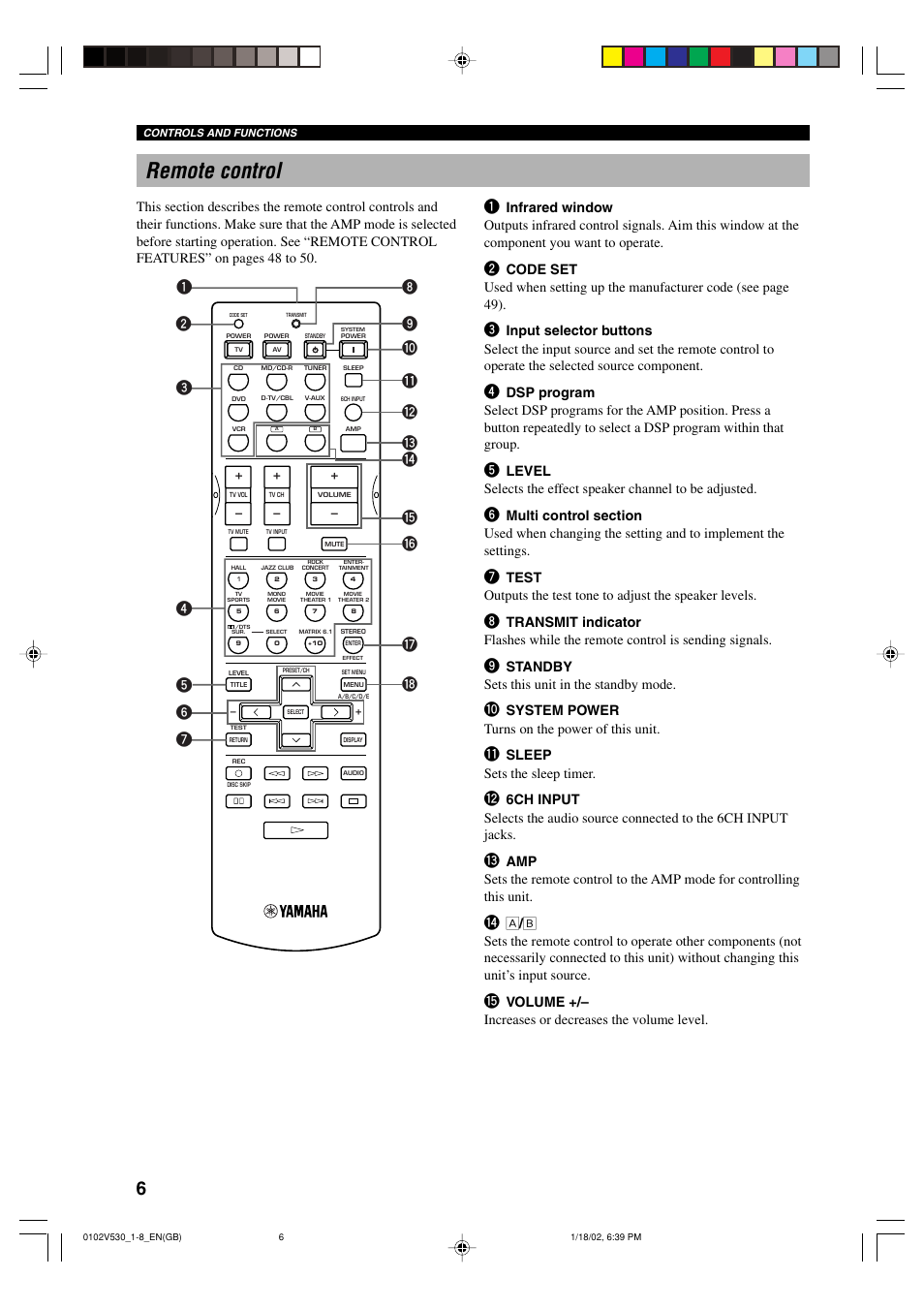 Remote control, Standby sets this unit in the standby mode, System power turns on the power of this unit | Sleep sets the sleep timer, Volume +/– increases or decreases the volume level | Yamaha RX-V530RDS User Manual | Page 8 / 68