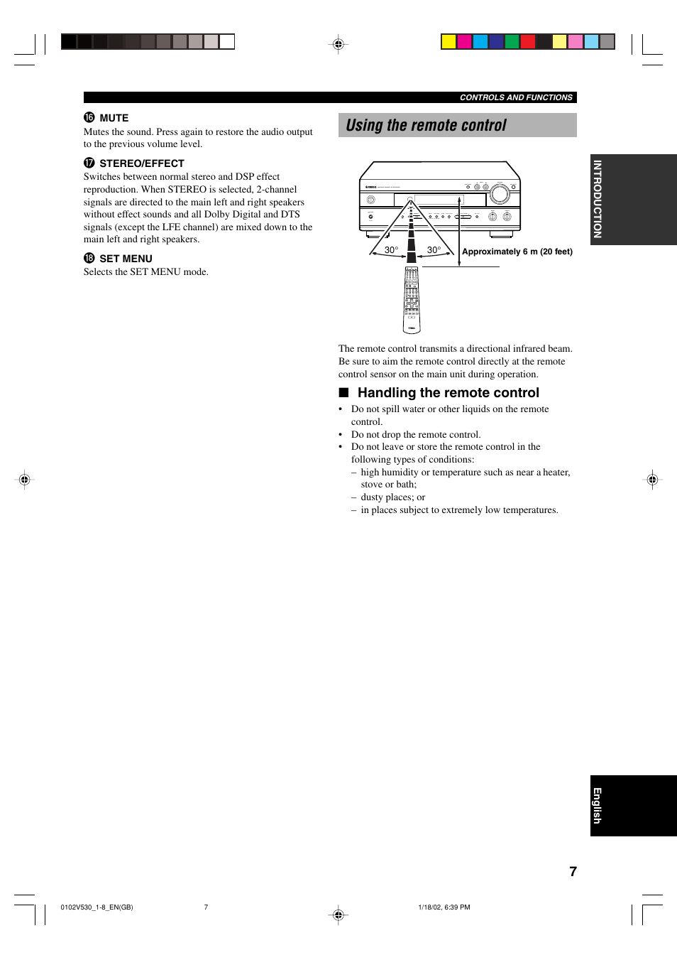 Using the remote control, Handling the remote control | Yamaha RX-V530RDS User Manual | Page 9 / 68