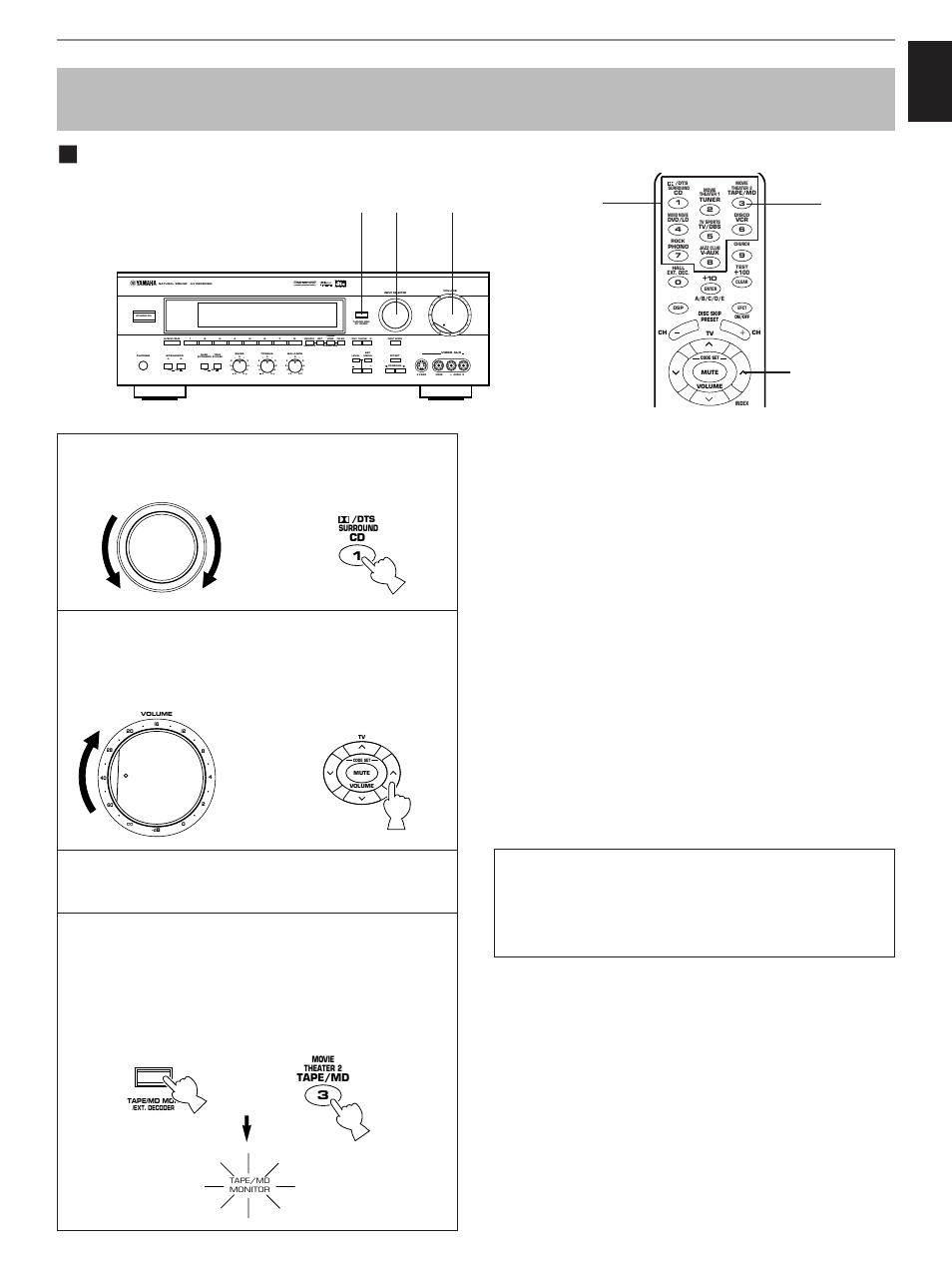 Recording the playing source to tape (or md), English, Select the source you want to record | Front panel or remote control, Aon off on off b, Preset, Sleep auto, Normal widephantom 40 60, Db ms, Front panel | Yamaha HTR-5170 User Manual | Page 39 / 90