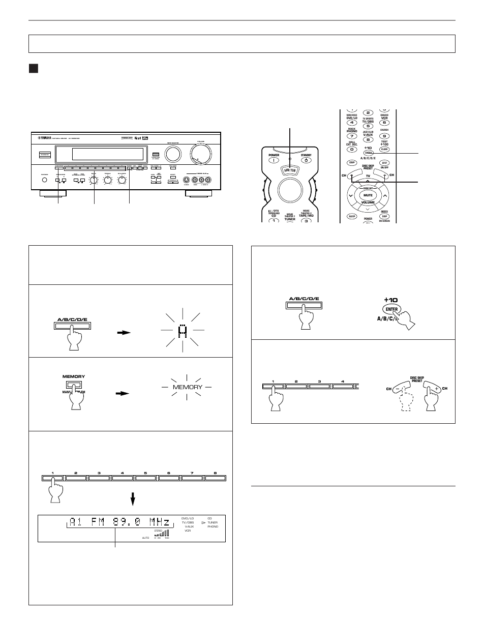 Preset tuning, Manual preset tuning, Select a group (a – e) of preset stations | Select the group of preset stations, Flashes on and off for about 5 seconds, Aon off on off b, Preset, Sleep auto, Normal widephantom 40 60, Db ms | Yamaha HTR-5170 User Manual | Page 42 / 90