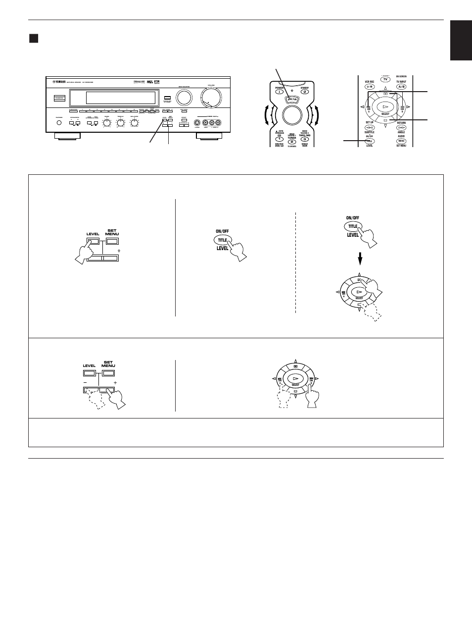 Method of adjustment, English, Adjust the level on the selected speaker(s) | Press once or more, Press once or more. press once, Select “amp/tun, Aon off on off b, Preset, Sleep auto, Normal widephantom 40 60 | Yamaha HTR-5170 User Manual | Page 49 / 90