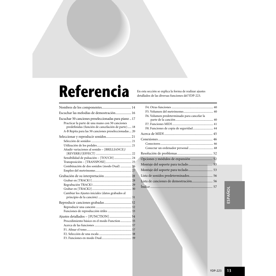 Referencia | Yamaha Digital piano YDP-223 User Manual | Page 13 / 72