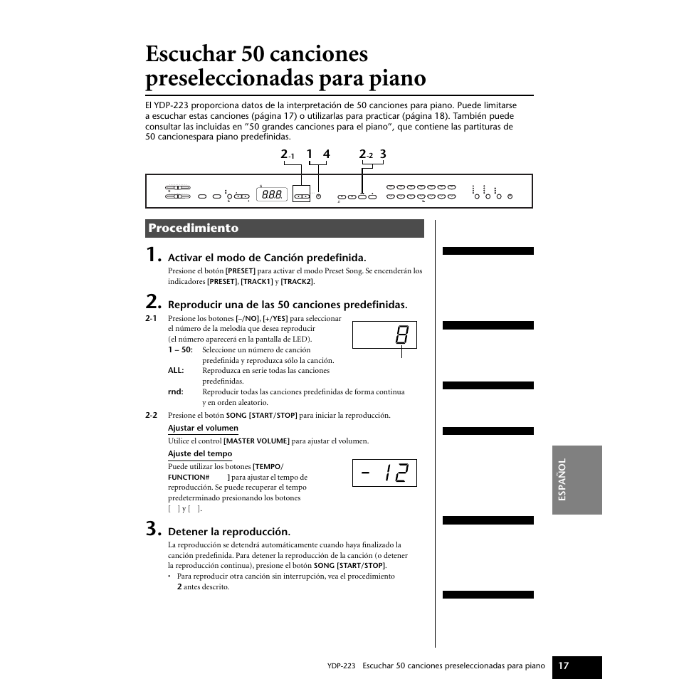Escuchar 50 canciones preseleccionadas para piano, Escuchar 50 canciones preseleccionadas, Para piano | P17–20, p28–33, Procedimiento, Activar el modo de canción predefinida, Reproducir una de las 50 canciones predefinidas, Detener la reproducción, Espa ñ ol 17 | Yamaha Digital piano YDP-223 User Manual | Page 17 / 72