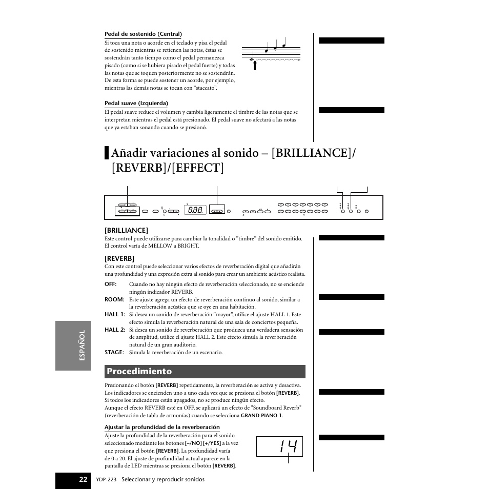 Añadir variaciones al sonido, Brilliance]/[reverb]/[effect, Añadir variaciones al sonido – [brilliance | Reverb]/[effect, Procedimiento, Espa ñ ol 22, Brilliance, Reverb, Seleccionar y reproducir sonidos, A la vez que presiona el botón | Yamaha Digital piano YDP-223 User Manual | Page 22 / 72