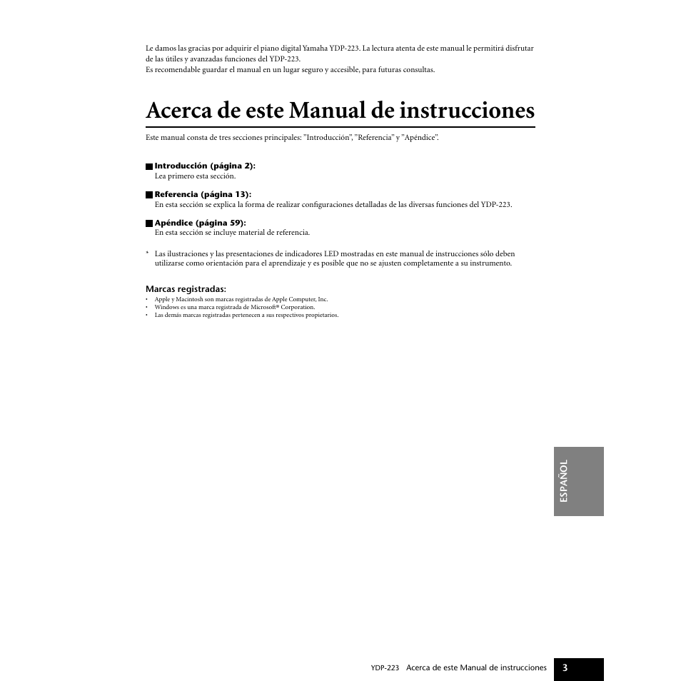 Acerca de este manual de instrucciones | Yamaha Digital piano YDP-223 User Manual | Page 3 / 72