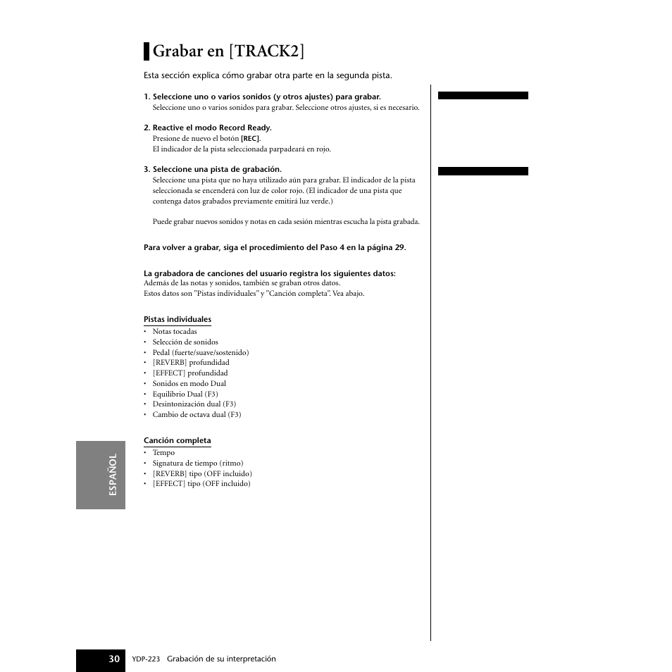 Grabar en [track2 | Yamaha Digital piano YDP-223 User Manual | Page 30 / 72