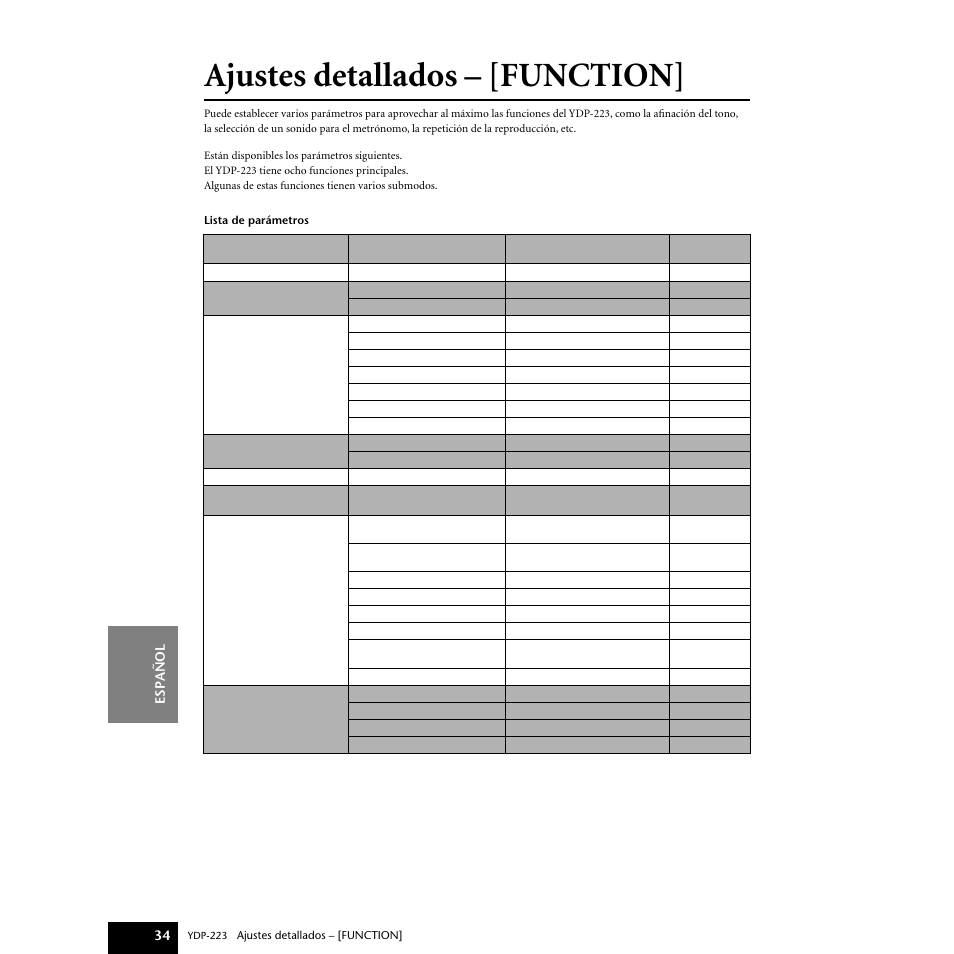 Ajustes detallados – [function, Espa ñ ol 34 | Yamaha Digital piano YDP-223 User Manual | Page 34 / 72