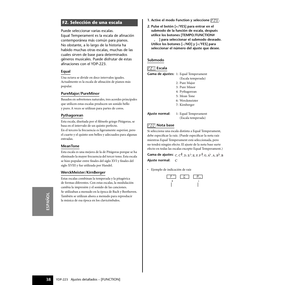 F2. selección de una escala | Yamaha Digital piano YDP-223 User Manual | Page 38 / 72