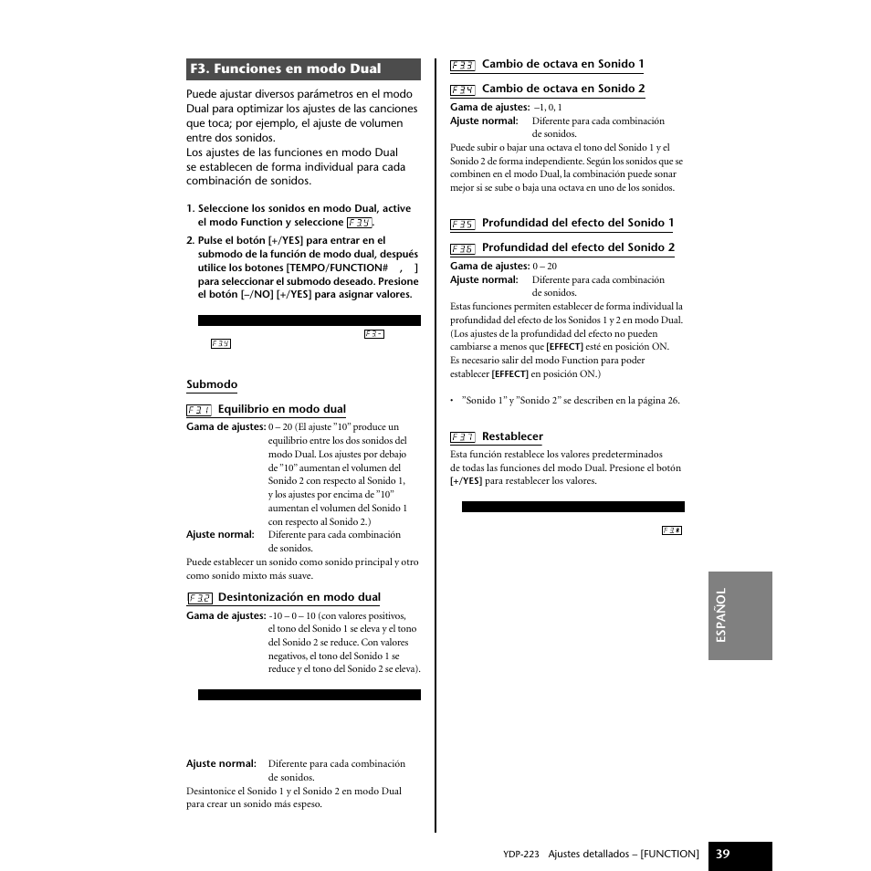 F3. funciones en modo dual | Yamaha Digital piano YDP-223 User Manual | Page 39 / 72