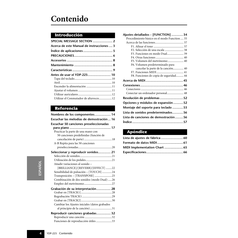 Yamaha Digital piano YDP-223 User Manual | Page 4 / 72