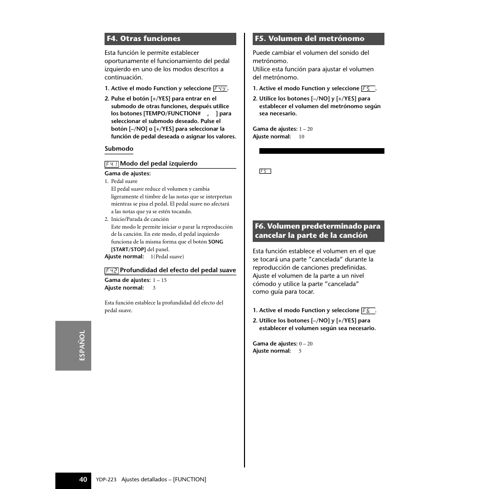 F4. otras funciones, F5. volumen del metrónomo, Cancelar la parte de la canción | Yamaha Digital piano YDP-223 User Manual | Page 40 / 72