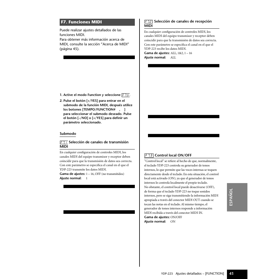 F7. funciones midi | Yamaha Digital piano YDP-223 User Manual | Page 41 / 72