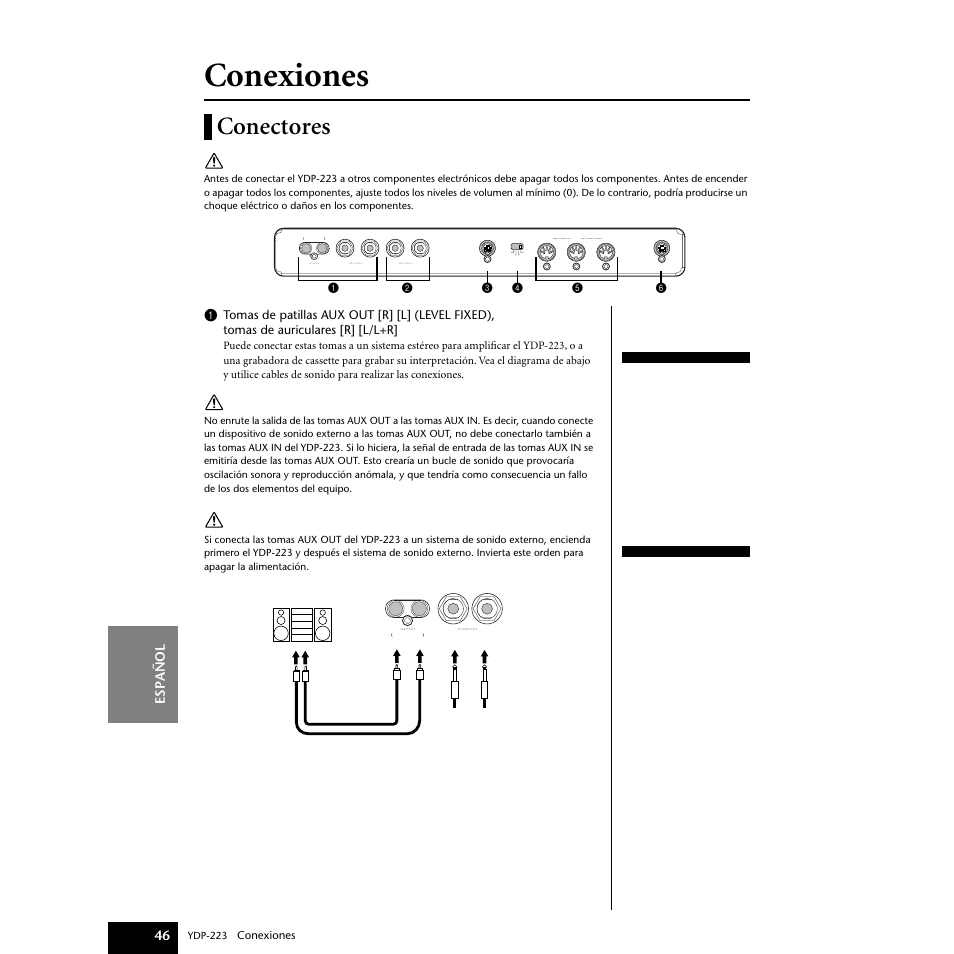 Conexiones, Conectores, Espa ñ ol 46 | Yamaha Digital piano YDP-223 User Manual | Page 46 / 72