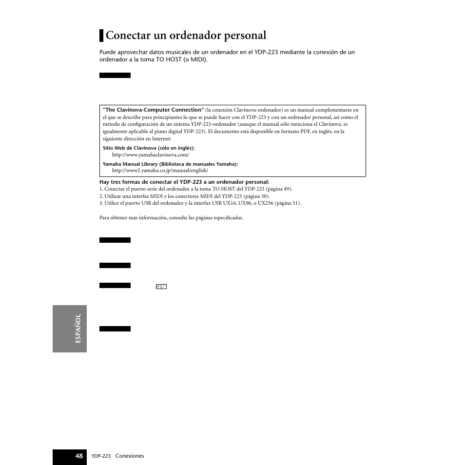 Conectar un ordenador personal | Yamaha Digital piano YDP-223 User Manual | Page 48 / 72