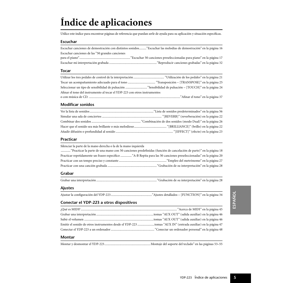 Índice de aplicaciones | Yamaha Digital piano YDP-223 User Manual | Page 5 / 72