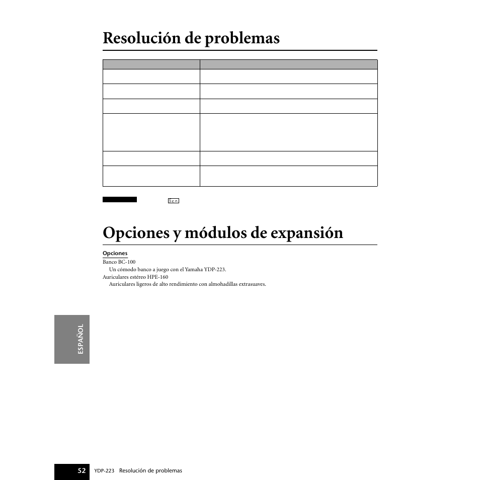 Resolución de problemas, Opciones y módulos de expansión | Yamaha Digital piano YDP-223 User Manual | Page 52 / 72