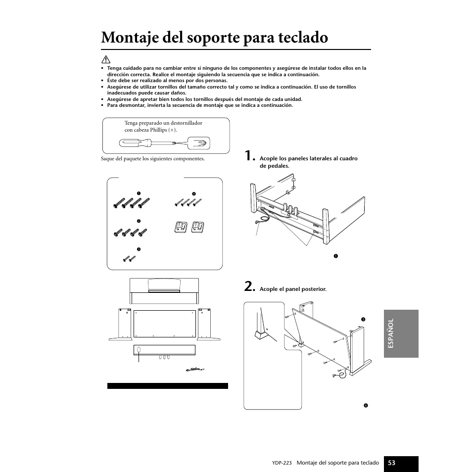 Montaje del soporte parateclado, Montaje del soporte para teclado, Inas 53-55.) | Ginas 53, Espa ñ ol 53 | Yamaha Digital piano YDP-223 User Manual | Page 53 / 72