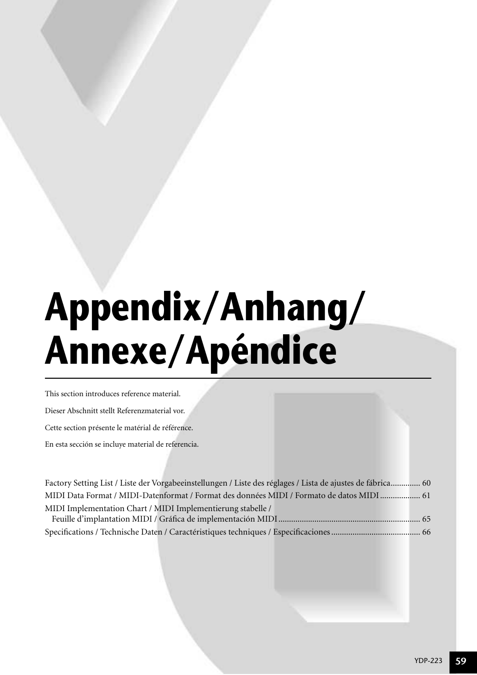 Appendix, Ción se incluye mat, Appendix/anhang/ annexe/apéndice | Yamaha Digital piano YDP-223 User Manual | Page 59 / 72