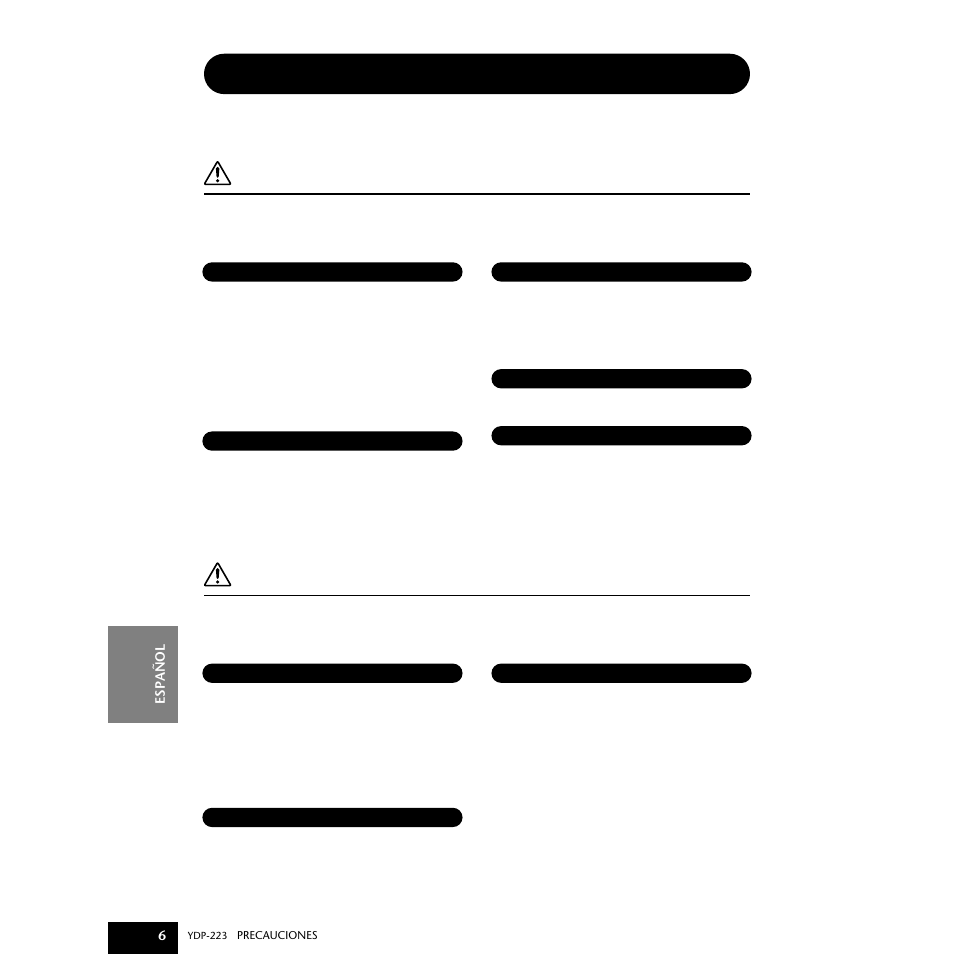 Precauciones, Advertencia, Atención | Leer detenidamente antes de continuar | Yamaha Digital piano YDP-223 User Manual | Page 6 / 72