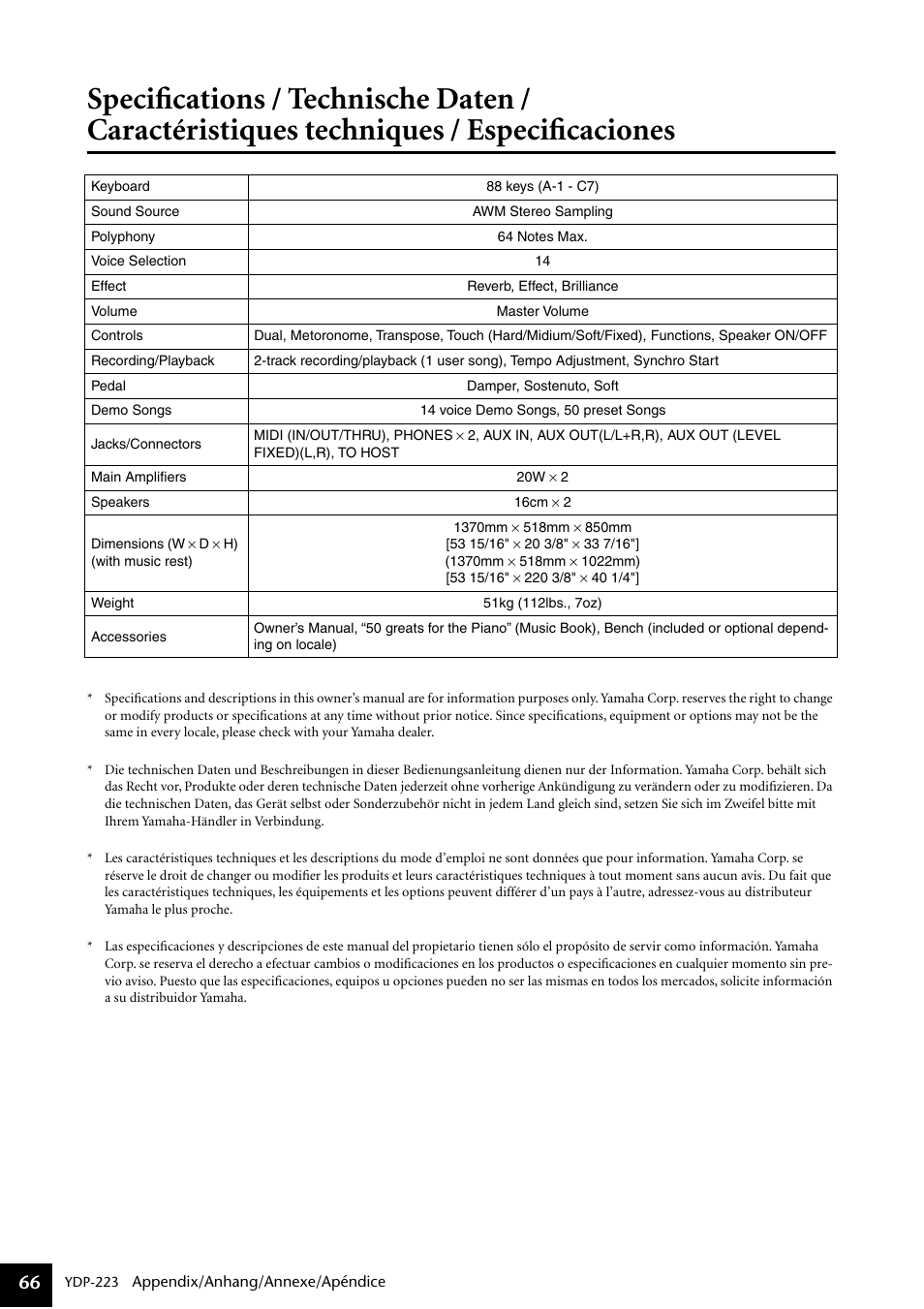 Especificaciones | Yamaha Digital piano YDP-223 User Manual | Page 66 / 72