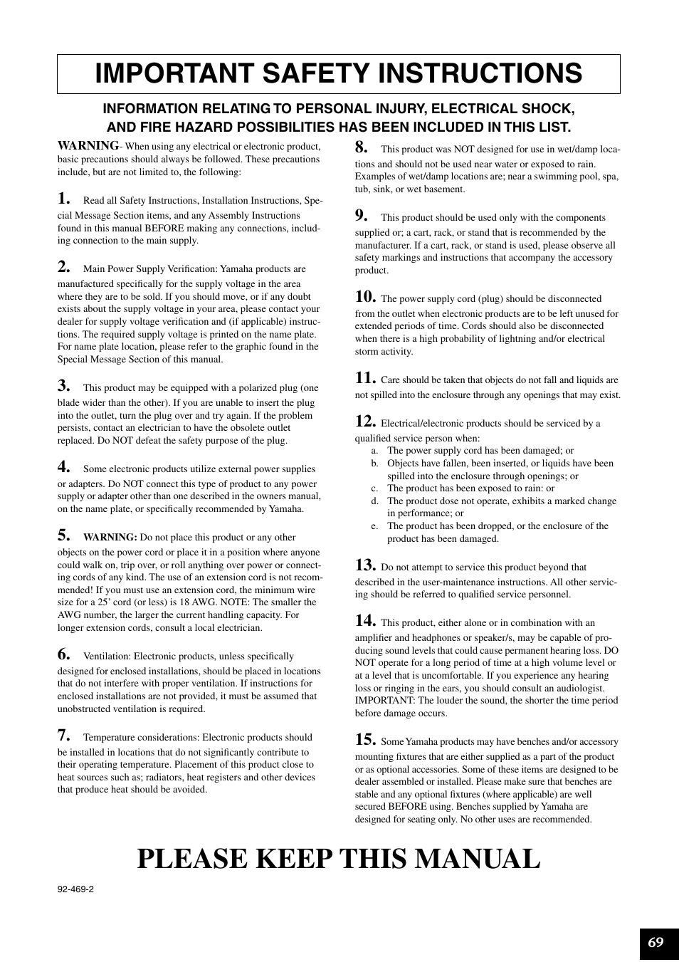 Please keep this manual, Important safety instructions | Yamaha Digital piano YDP-223 User Manual | Page 69 / 72