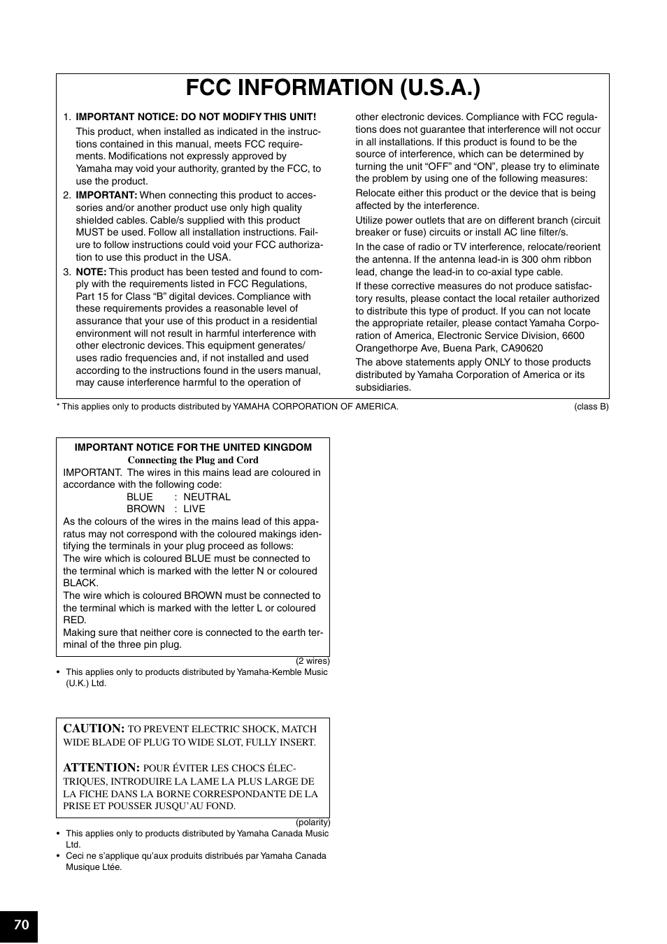 Fcc information (u.s.a.) | Yamaha Digital piano YDP-223 User Manual | Page 70 / 72
