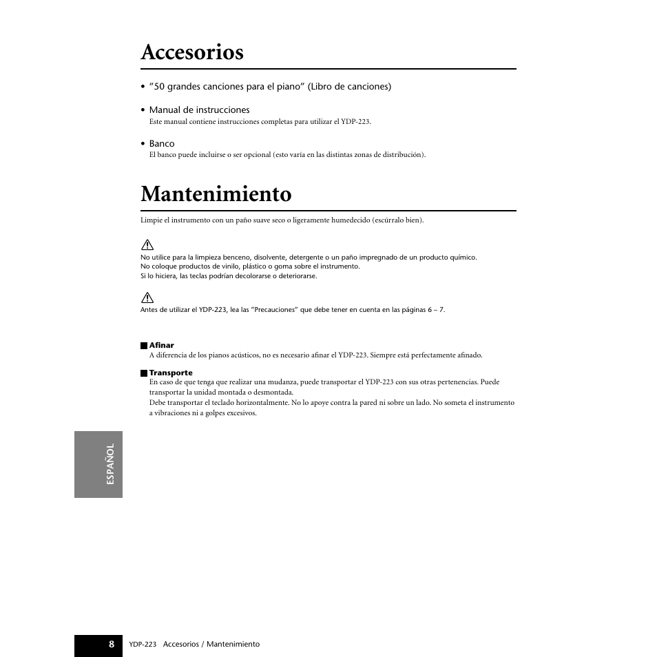 Accesorios, Mantenimiento | Yamaha Digital piano YDP-223 User Manual | Page 8 / 72