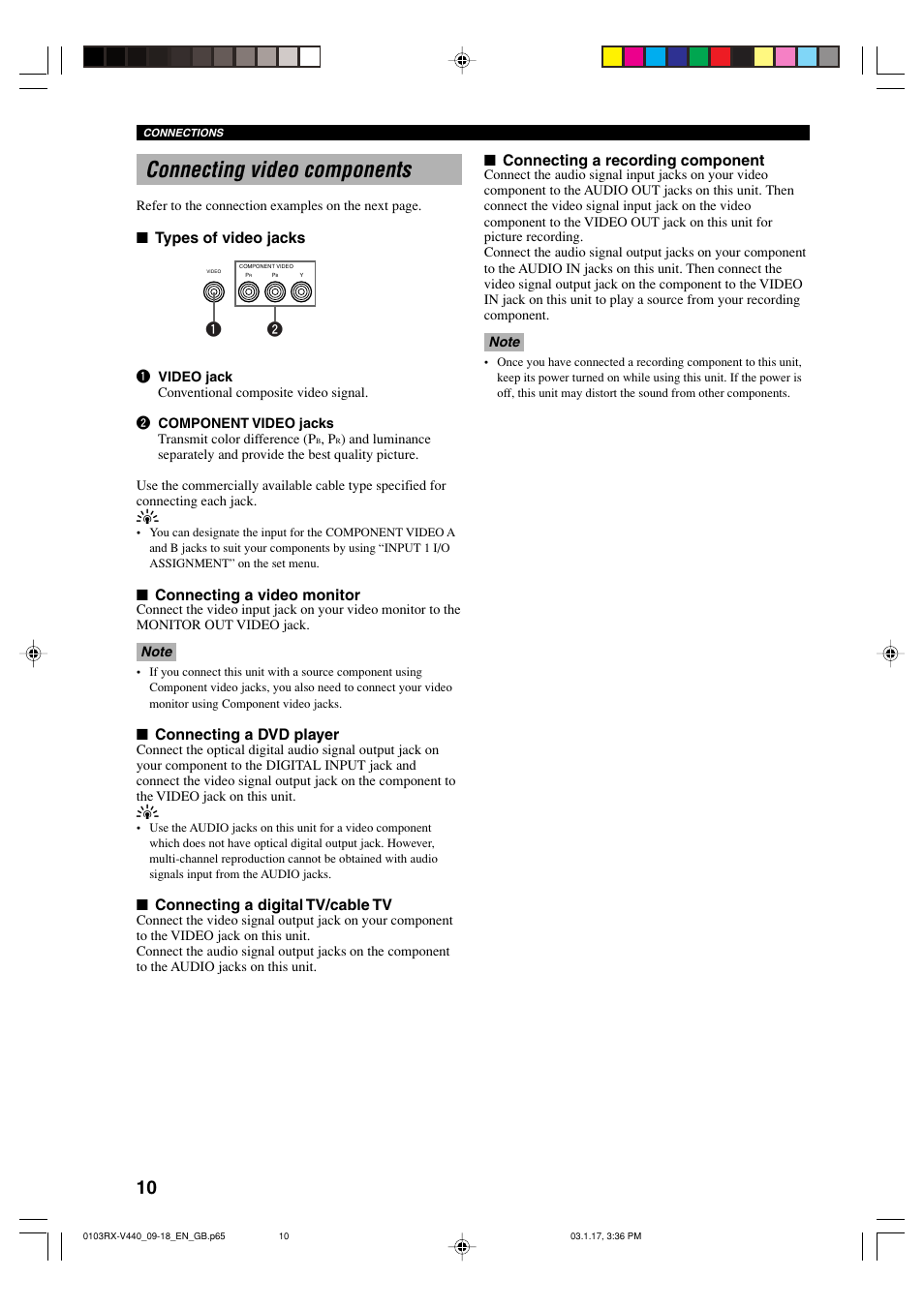 Connecting video components, Types of video jacks, Connecting a video monitor | Connecting a dvd player, Connecting a digital tv/cable tv, Connecting a recording component | Yamaha RX-V440RDS  EN User Manual | Page 12 / 63