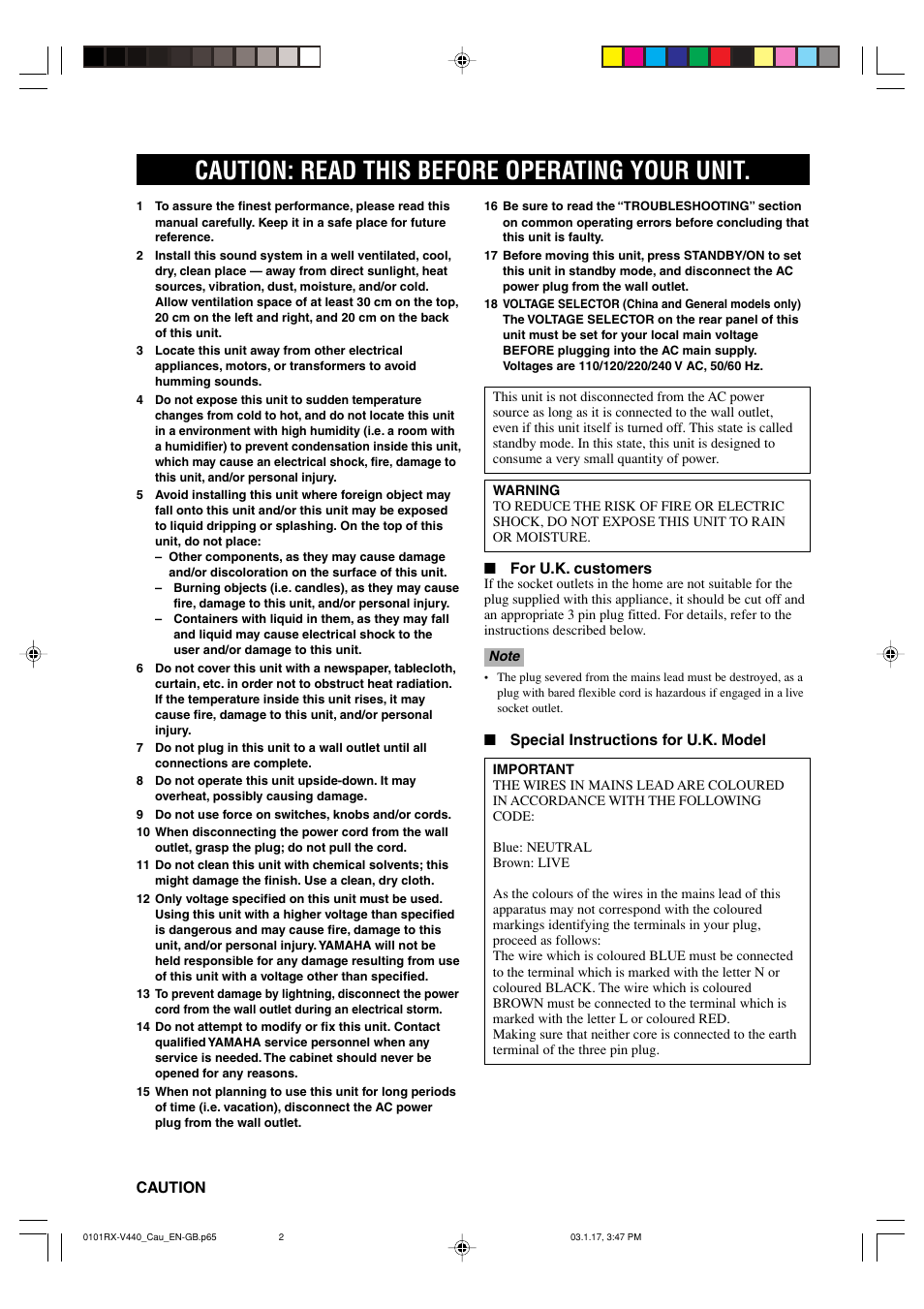 Caution, Caution: read this before operating your unit, For u.k. customers | Special instructions for u.k. model | Yamaha RX-V440RDS  EN User Manual | Page 2 / 63